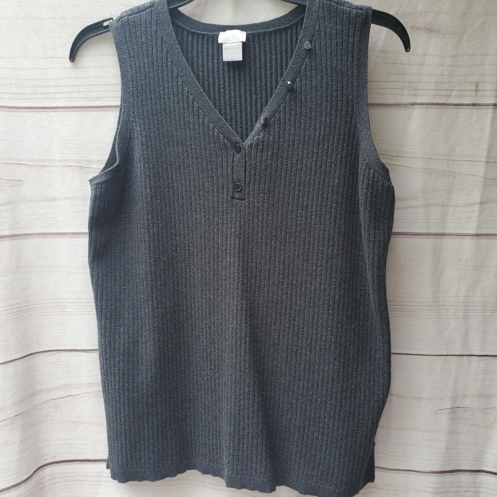 Chicos Zenergy Gray Ribbed Cashmere Blend V-Neck Button Tank Top Size 1 Medium
